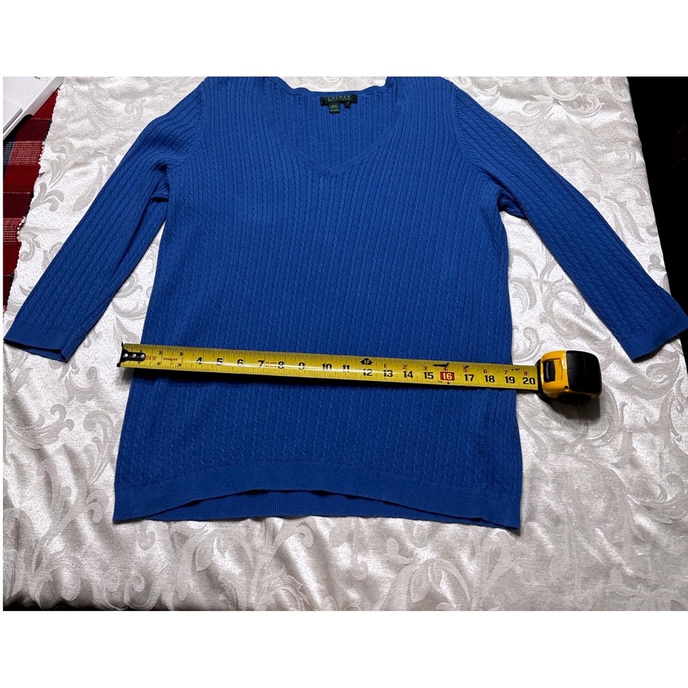 Lauren Ralph Lauren Blue Cable Knit V-Neck Cotton Sweater 1X Plus 3/4 Sleeve
